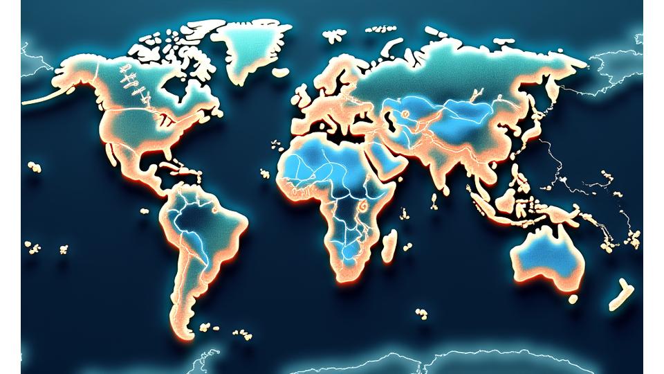 鮮やかな色分けがされたインタラクティブな世界海洋図で、多様な魚種の分布、移動経路、生息密度が視覚的に表現されている。AIが気候変動要因を予測し、将来の分布変化をシミュレーション。