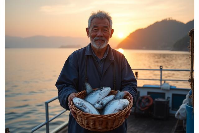 豊かに漁獲された新鮮な魚を持つ東北地方の漁師