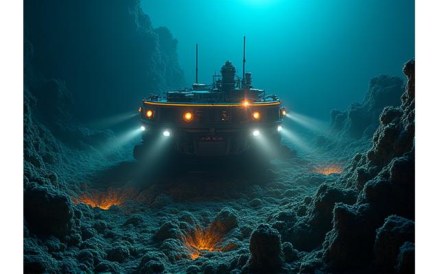 深海での熱水噴出孔を調査する最新鋭の有索式無人探査機（ROV）、鮮やかな光を発し、周辺に深海生物の一部が見える